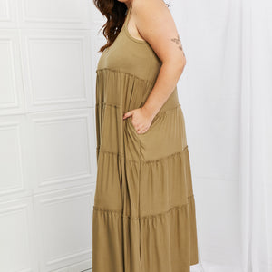 Zenana Full Size Spaghetti Strap Tiered Dress with Pockets in Khaki-Pimamour