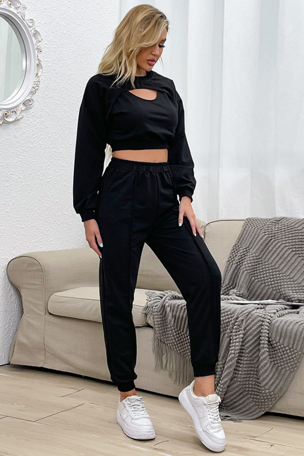 Cut Out Crop Top and Joggers Set Pimamour