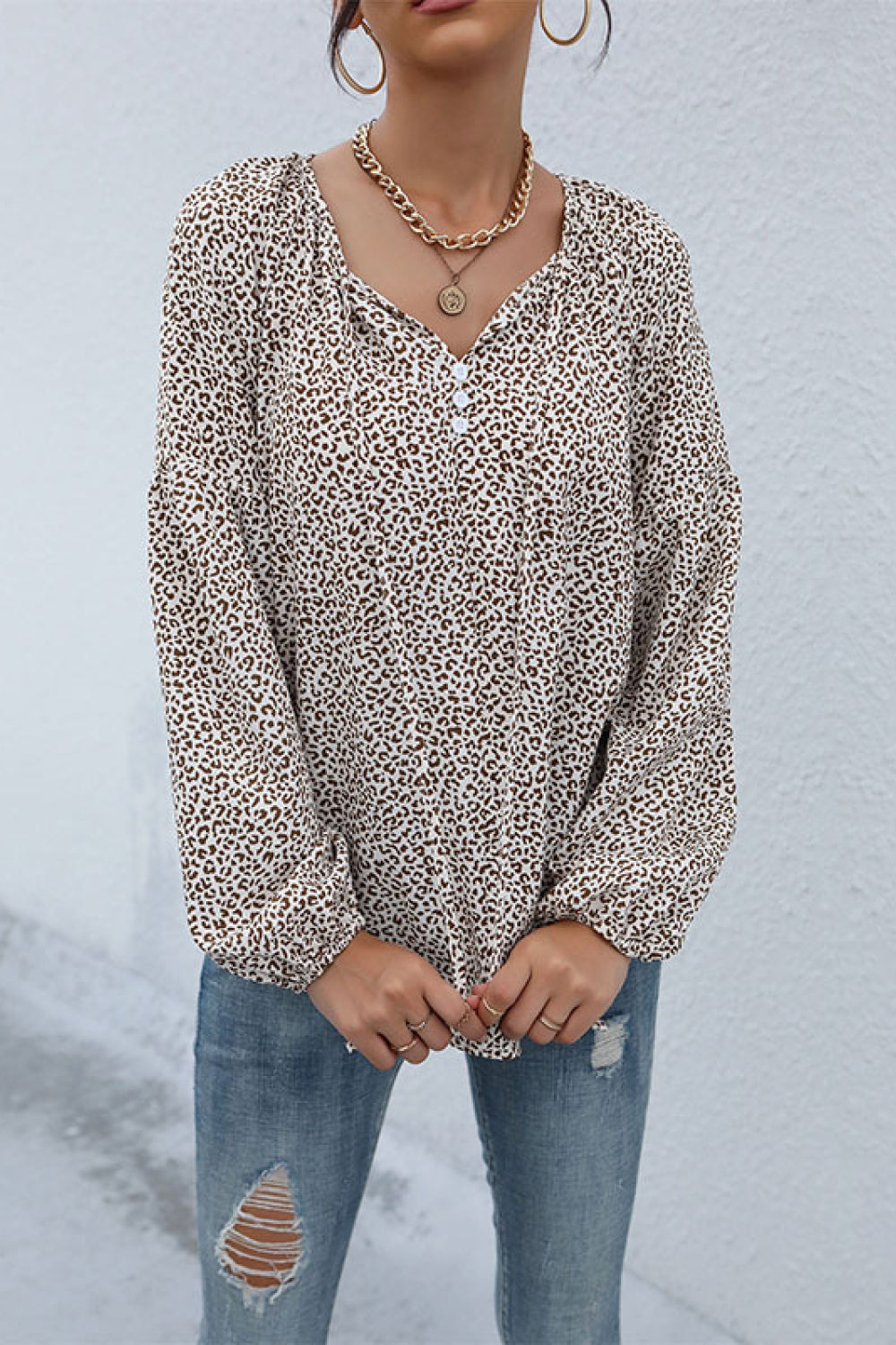 Leopard Print Tie Neck Blouse Pimamour