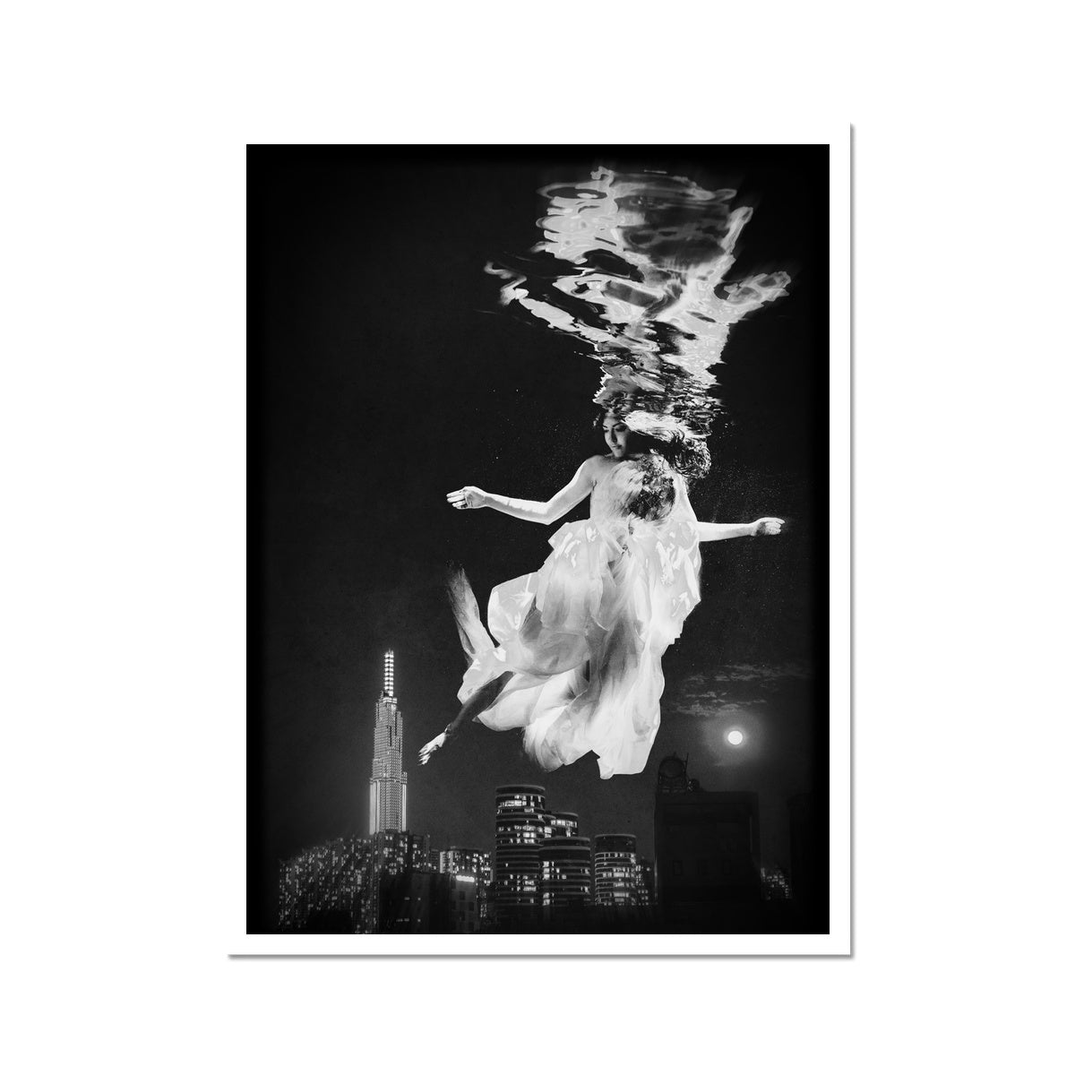 06 - Surreal dreamy poster of the protecting girl / goddess / mermaid floating in the sky over the city, wrapped in the night Black and White Photo Art Print Pimamour Original Pimamour