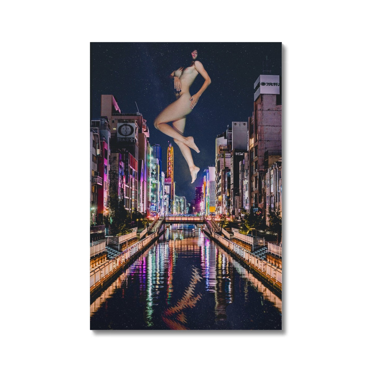 02 - Surreal dreamy poster of the protecting girl / goddess / mermaid floating in the sky over the city, wrapped in the night Color Canvas Pimamour Original Pimamour