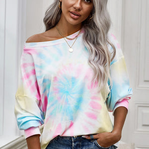 Tie-Dye Boat Neck Batwing Sleeve Tee Pimamour