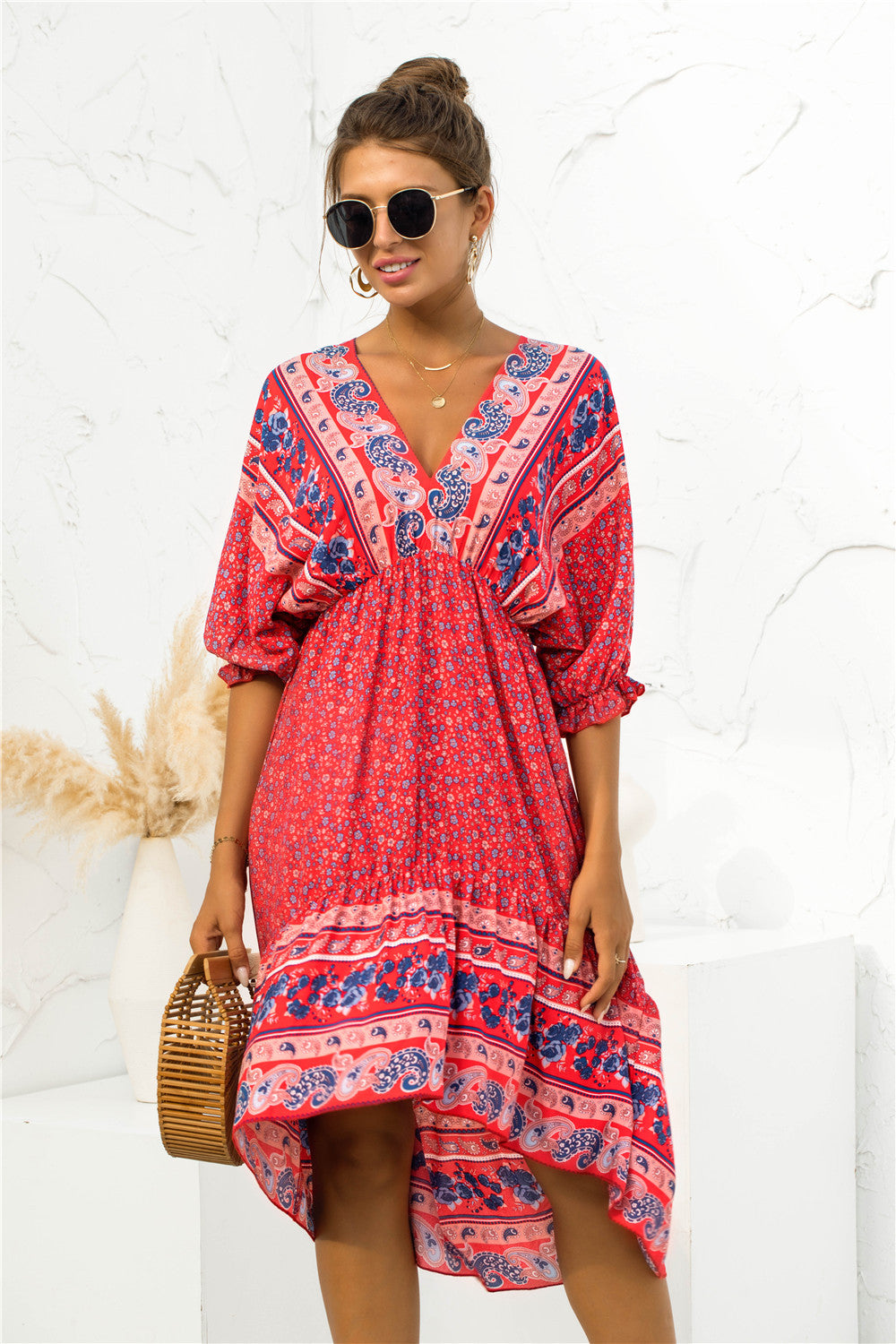 Printed Bohemian V Neck Dress Pimamour