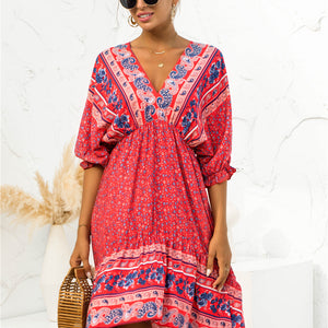 Printed Bohemian V Neck Dress Pimamour