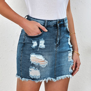 Distressed Raw Hem Denim Mini Skirt Pimamour