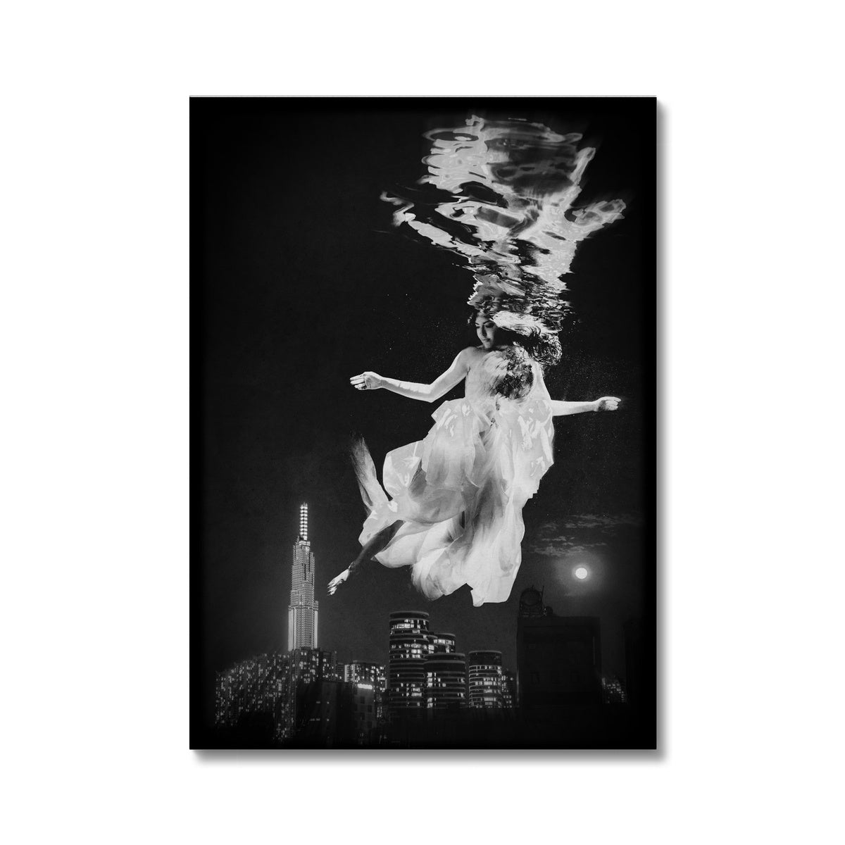 06 - Surreal dreamy poster of the protecting girl / goddess / mermaid floating in the sky over the city, wrapped in the night Black and White Canvas Pimamour Original Pimamour