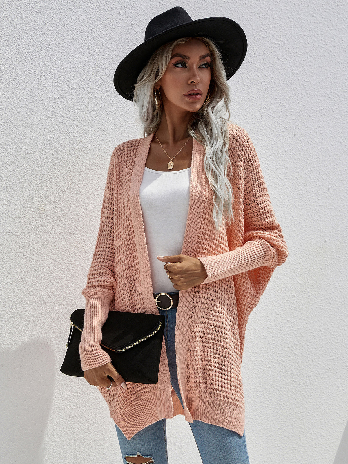 Waffle Knit Open Front Cardigan Pimamour