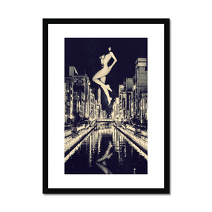 02 - Surreal dreamy poster of the protecting girl / goddess / mermaid floating in the sky over the city, wrapped in the night Brandon Framed & Mounted Print Pimamour Original Pimamour