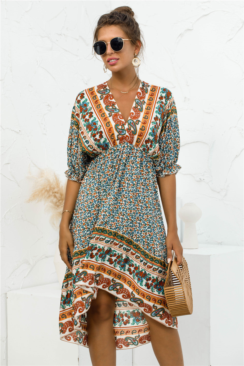 Printed Bohemian V Neck Dress Pimamour