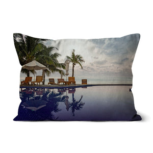 02E The lonely pool, the hidden beach and the palm tree - Toned colors fine art photography print - Printed on  Cushion Pimamour Original Pimamour