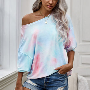 Tie-Dye Boat Neck Batwing Sleeve Tee Pimamour