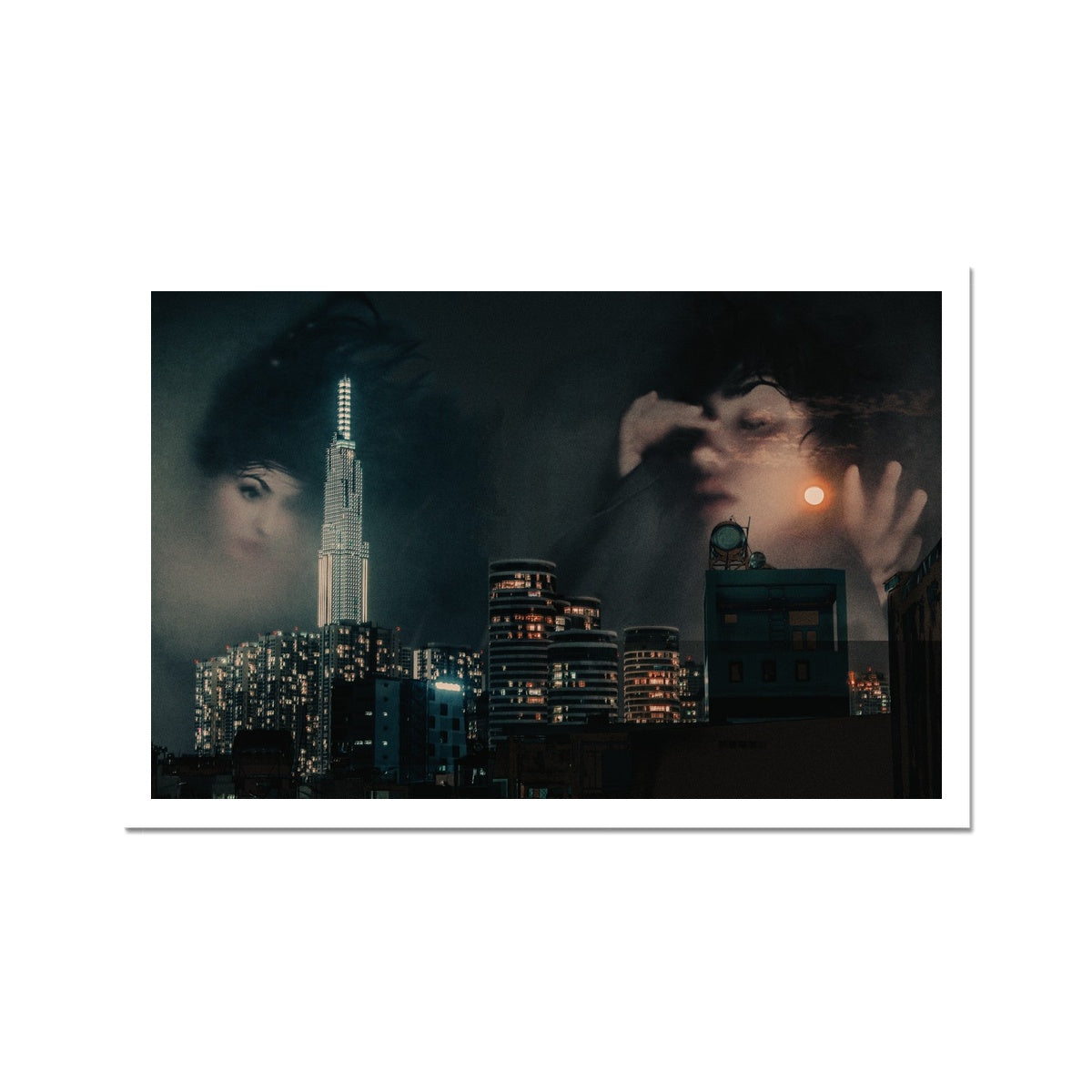 10- Surreal dreamy poster of the thoughtful girls / goddesses / mermaids floating in the sky over the city, wrapped in the night - Color Photo Art Print Pimamour Original Pimamour