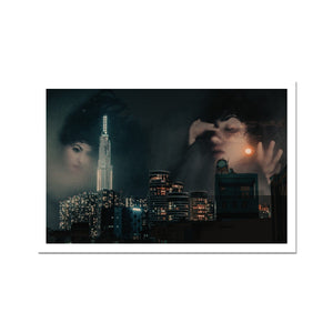 10- Surreal dreamy poster of the thoughtful girls / goddesses / mermaids floating in the sky over the city, wrapped in the night - Color Photo Art Print Pimamour Original Pimamour