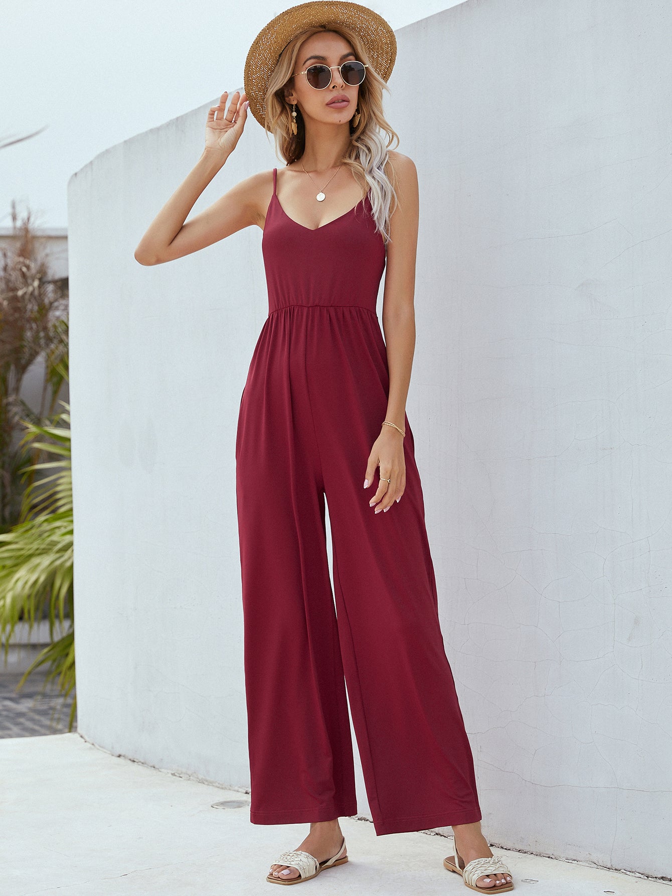 Adjustable Spaghetti Strap Jumpsuit with Pockets Pimamour