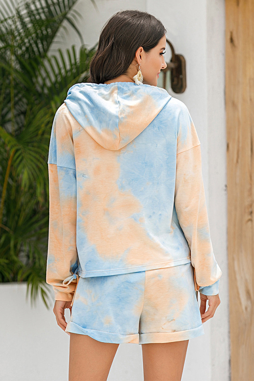 Tie-Dye Drawstring Hoodie and Shorts Set Pimamour