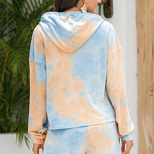 Tie-Dye Drawstring Hoodie and Shorts Set Pimamour