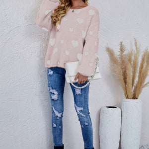 Heart Print Fuzzy Crewneck Long Sleeve Sweater Pimamour