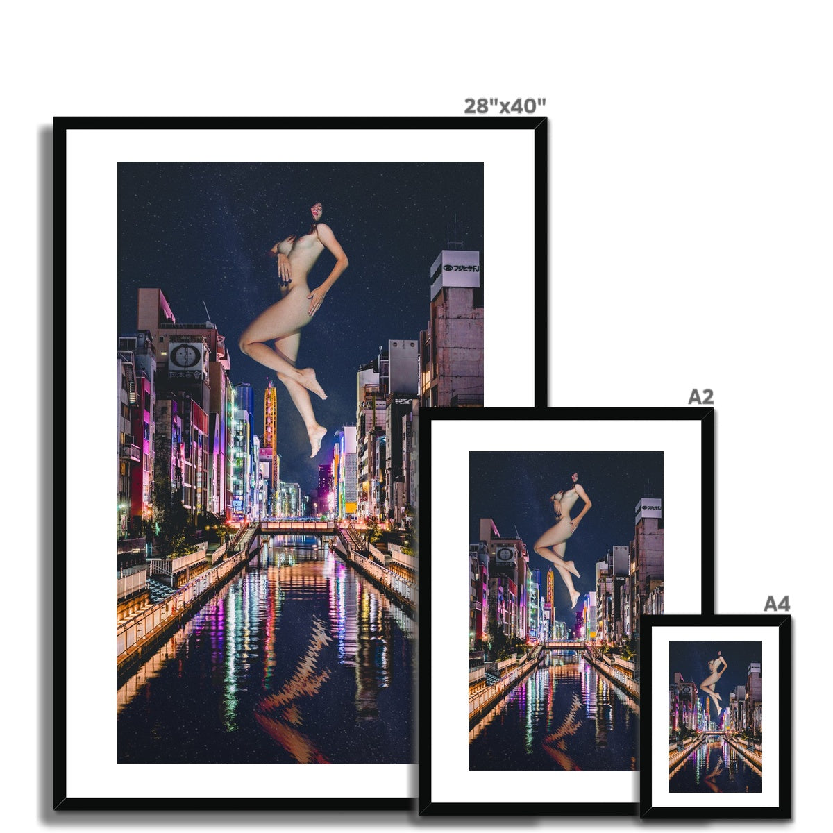 02 - Surreal dreamy poster of the protecting girl / goddess / mermaid floating in the sky over the city, wrapped in the night Color Framed & Mounted Print Pimamour Original Pimamour