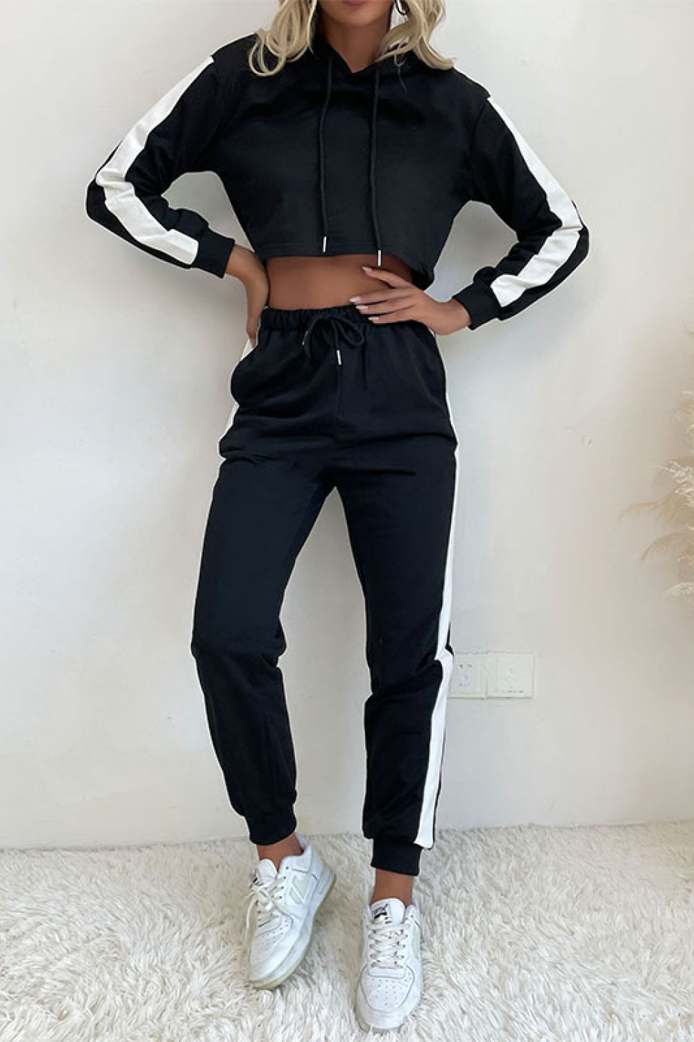 Side Stripe Cropped Hoodie and Jogger Set Pimamour