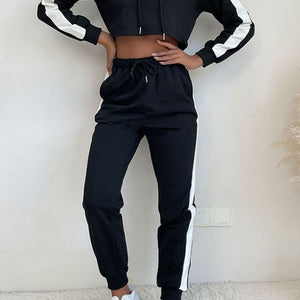 Side Stripe Cropped Hoodie and Jogger Set Pimamour