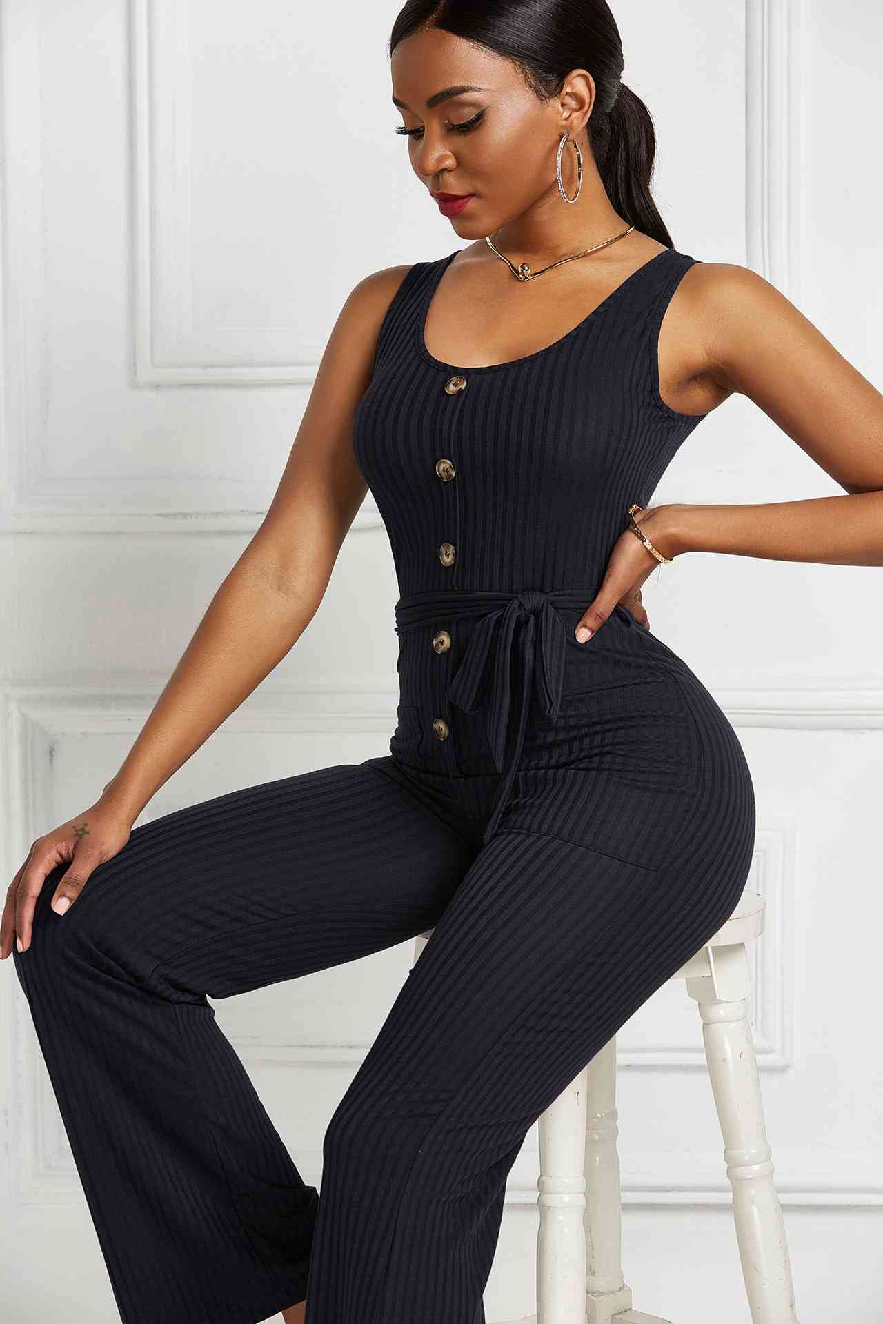 Button Detail Tie Waist Jumpsuit with Pockets Pimamour