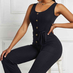 Button Detail Tie Waist Jumpsuit with Pockets Pimamour