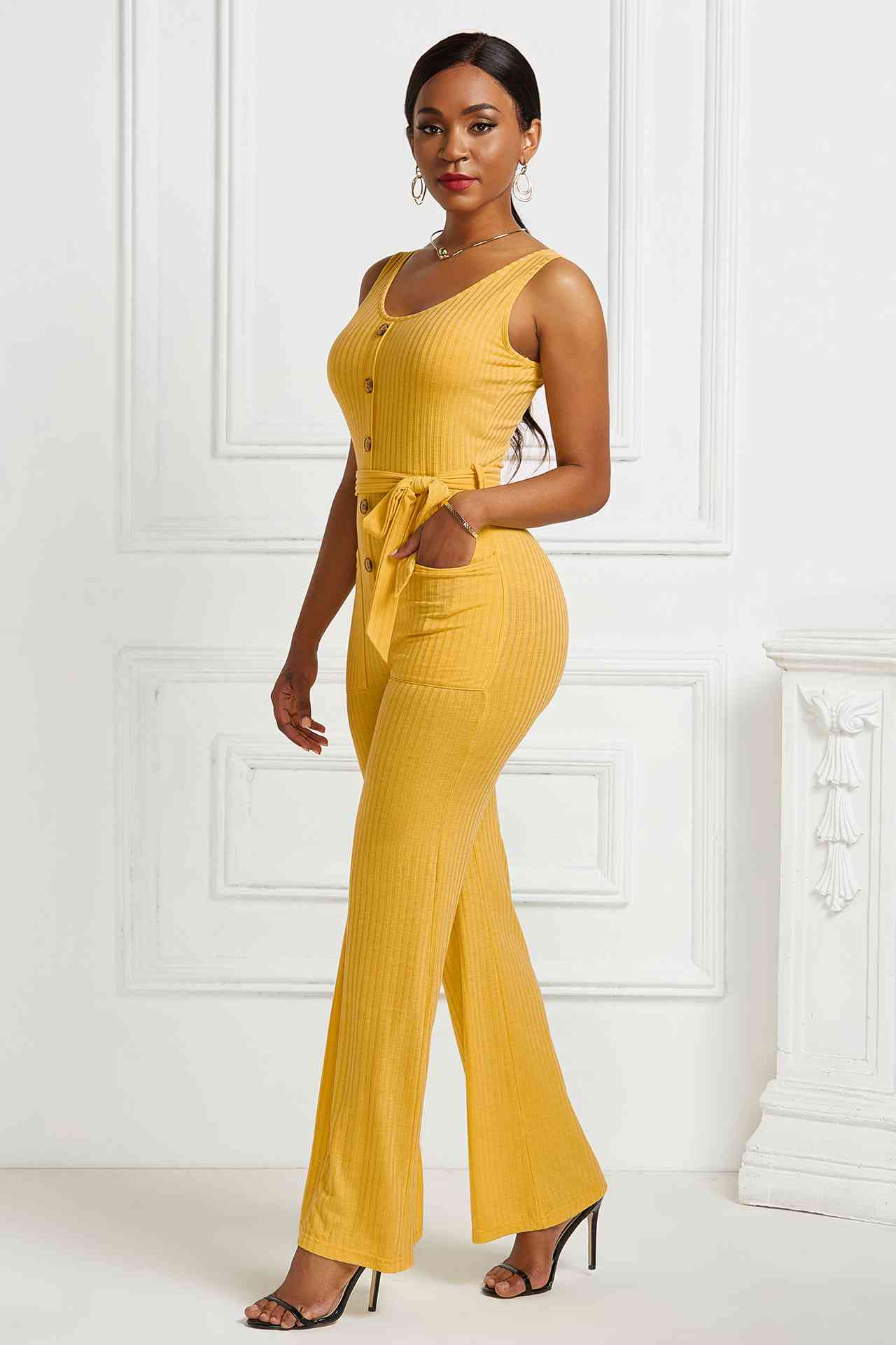 Button Detail Tie Waist Jumpsuit with Pockets Pimamour