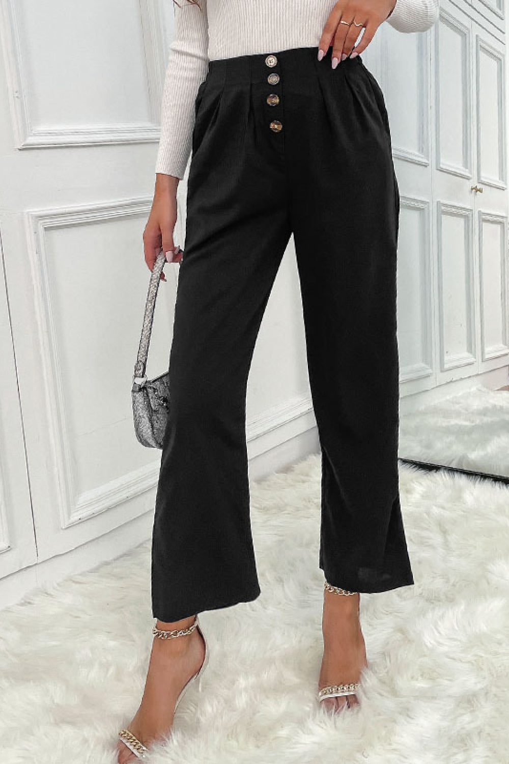 Button Fly Wide Leg Pants Pimamour