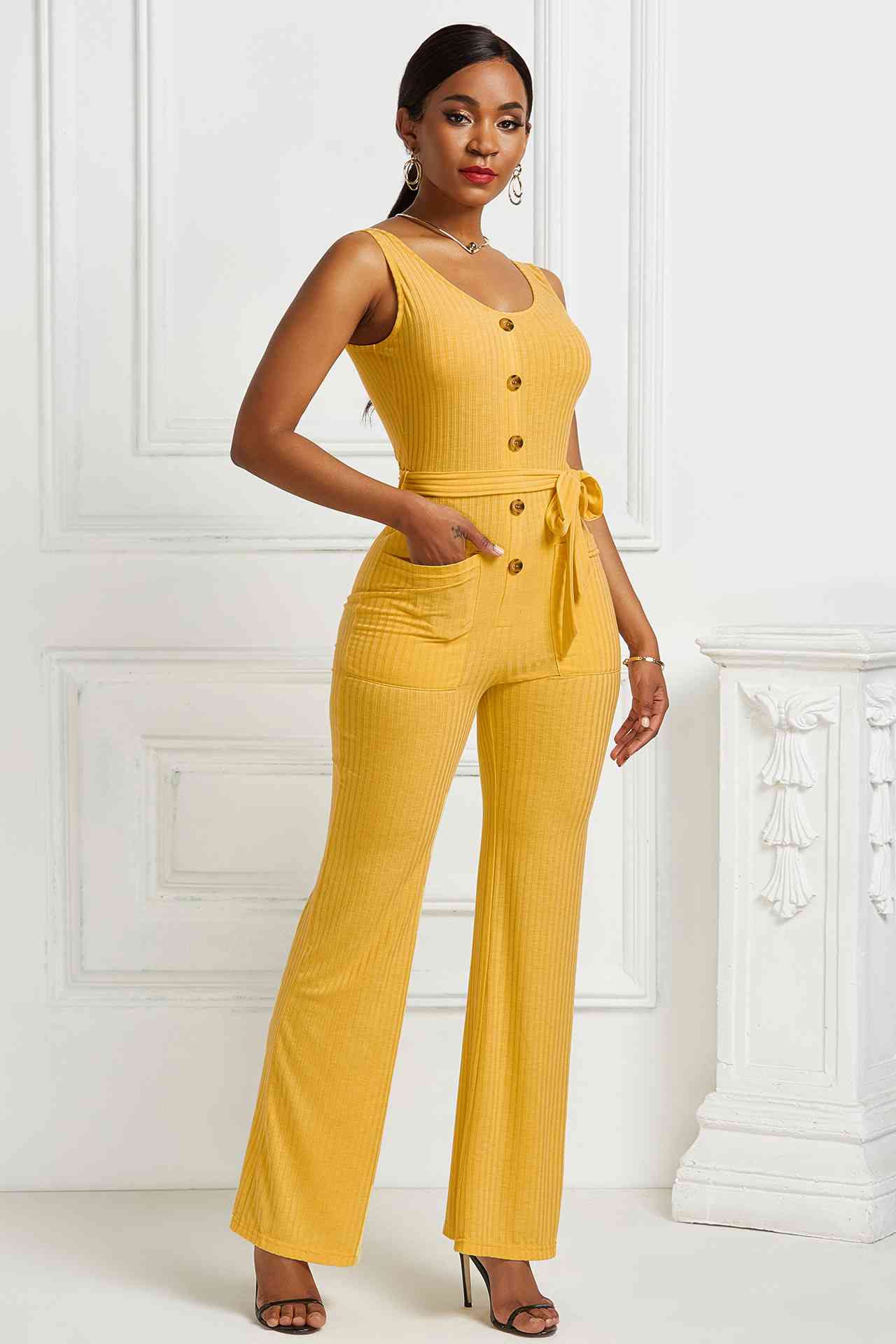 Button Detail Tie Waist Jumpsuit with Pockets Pimamour