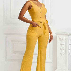 Button Detail Tie Waist Jumpsuit with Pockets Pimamour