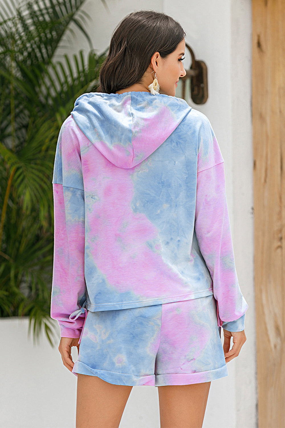 Tie-Dye Drawstring Hoodie and Shorts Set Pimamour