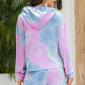 Tie-Dye Drawstring Hoodie and Shorts Set Pimamour