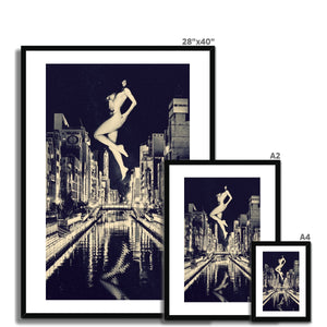 02 - Surreal dreamy poster of the protecting girl / goddess / mermaid floating in the sky over the city, wrapped in the night Brandon Framed & Mounted Print Pimamour Original Pimamour