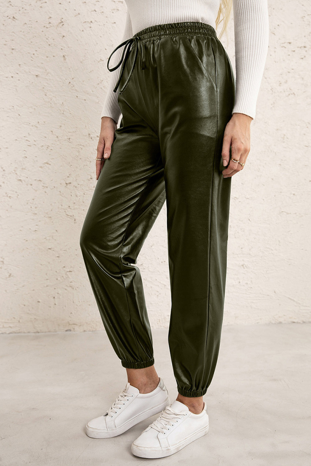 Elastic Waist PU Leather Joggers Pimamour