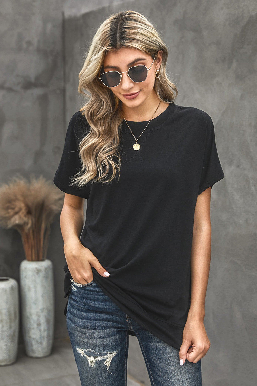 Round Neck Short Sleeve Solid Color Tee Pimamour