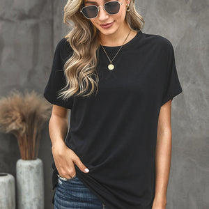 Round Neck Short Sleeve Solid Color Tee Pimamour