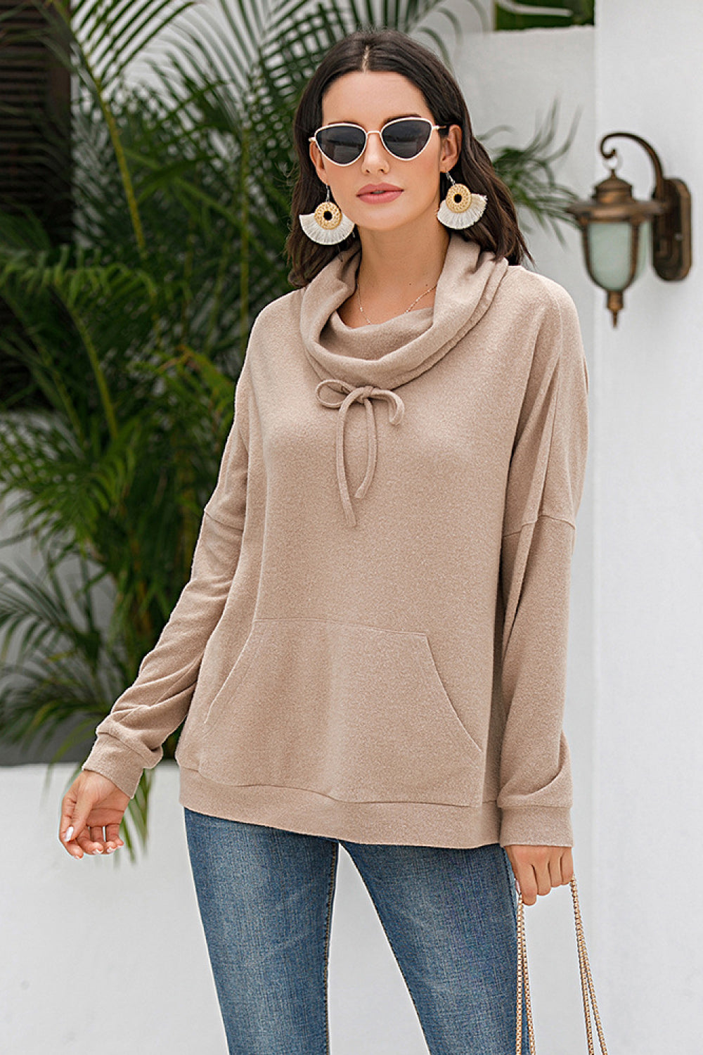 Cowl Neck Drop Shoulder Sweatshirt Pimamour