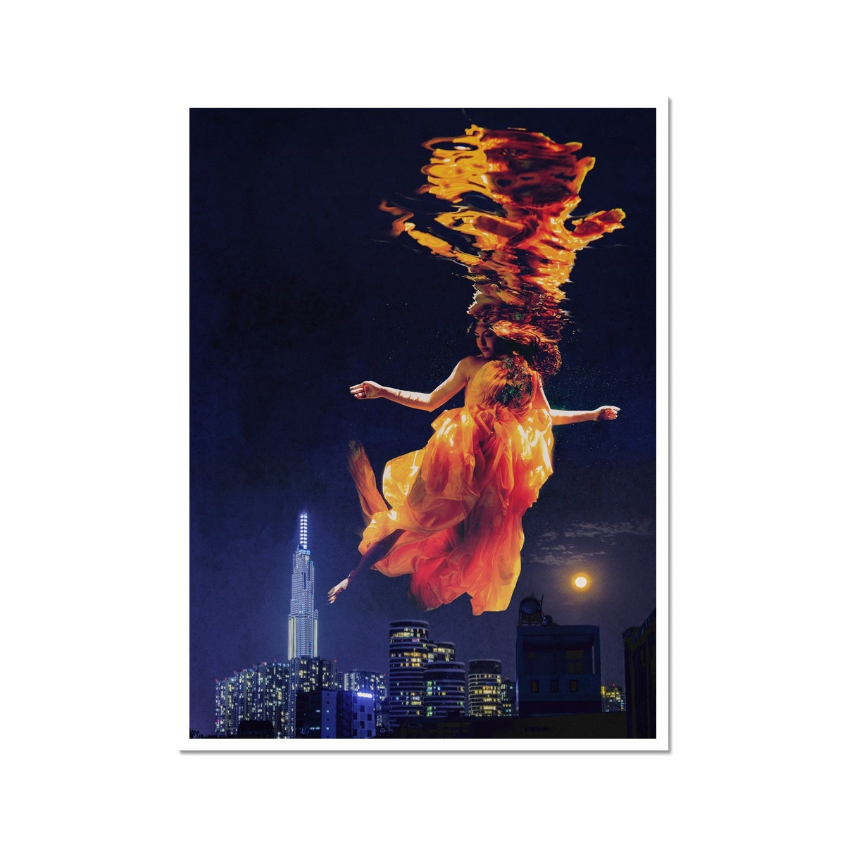 06 - Surreal dreamy poster of the protecting girl / goddess / mermaid floating in the sky over the city, wrapped in the night Color Photo Art Print Pimamour Original Pimamour