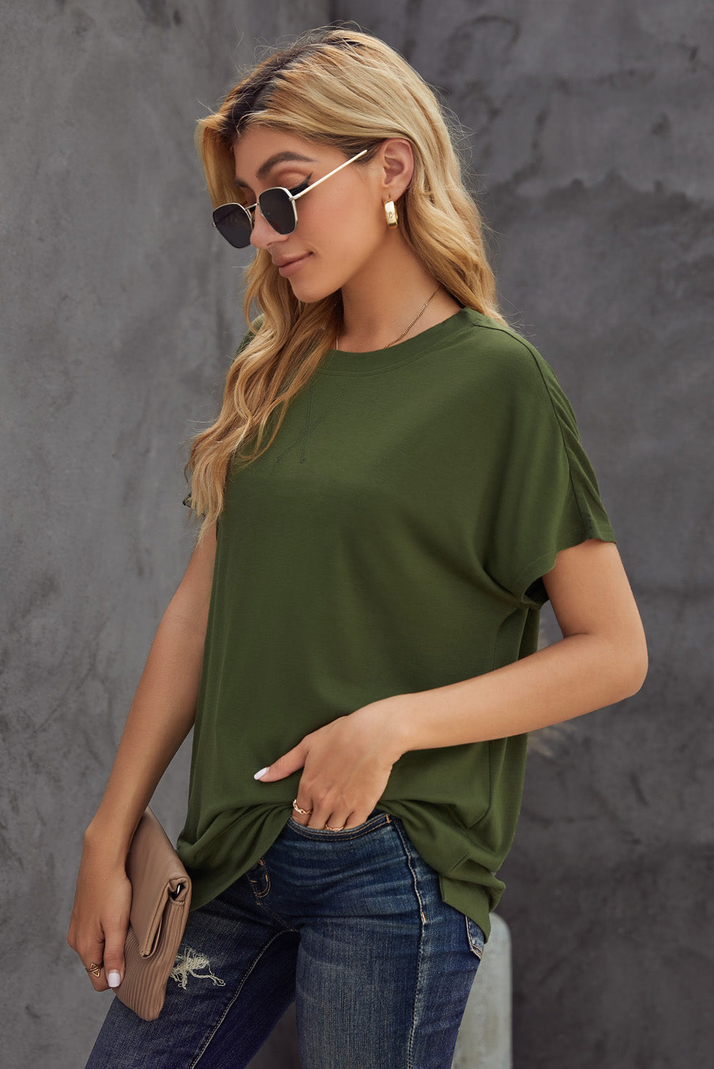 Round Neck Short Sleeve Solid Color Tee Pimamour