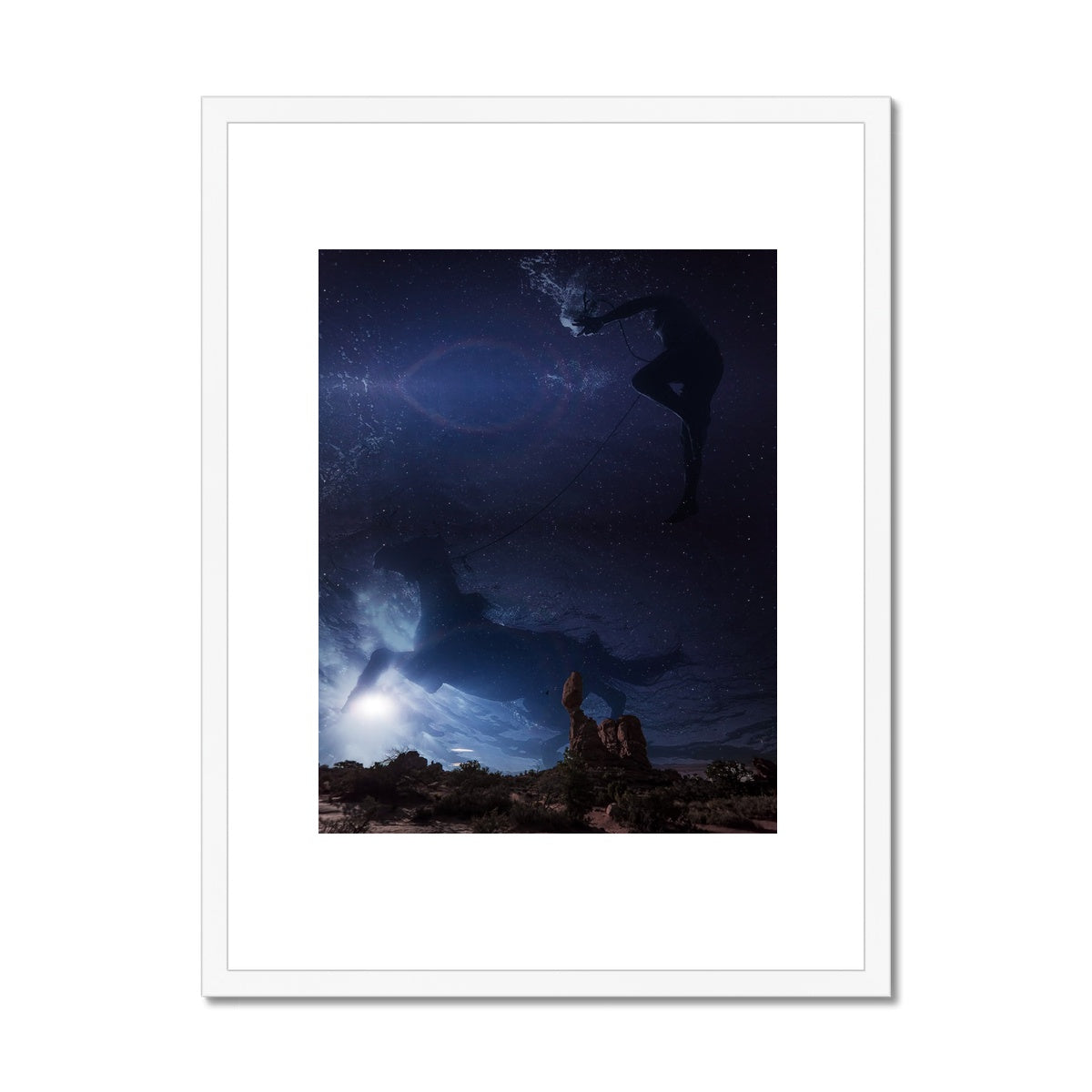 03 - Surreal dreamy poster of the protecting girl / goddess / mermaid floating in the sky over the city, wrapped in the night Color Framed & Mounted Print Pimamour Original Pimamour