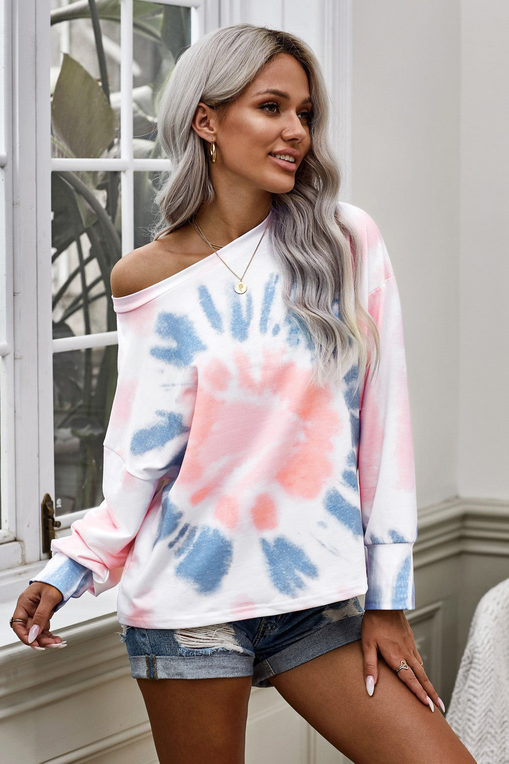 Tie-Dye Boat Neck Batwing Sleeve Tee Pimamour