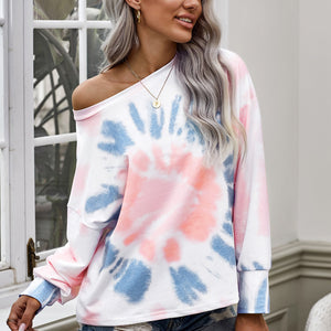 Tie-Dye Boat Neck Batwing Sleeve Tee Pimamour