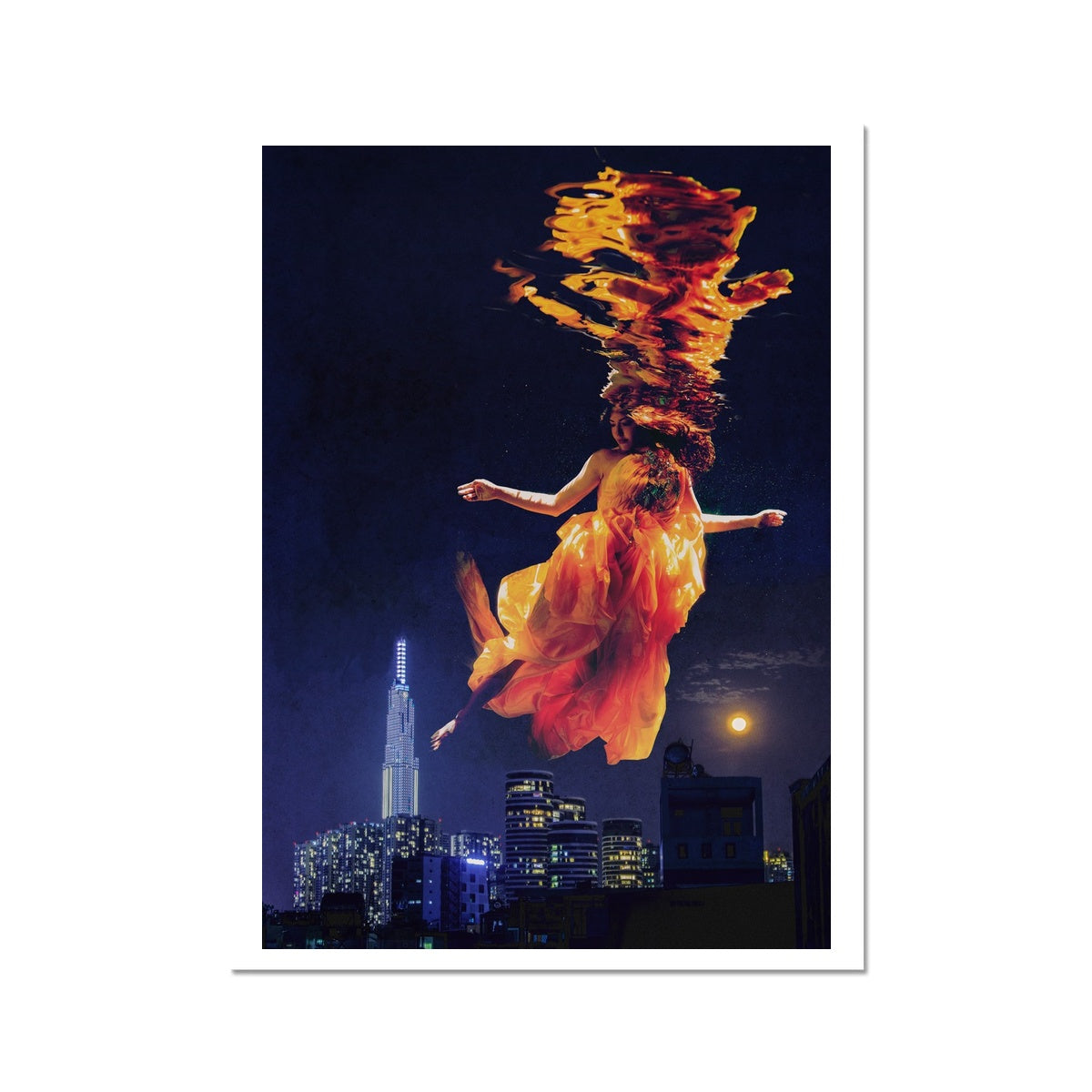 06 - Surreal dreamy poster of the protecting girl / goddess / mermaid floating in the sky over the city, wrapped in the night Color C-Type Print Pimamour Original Pimamour