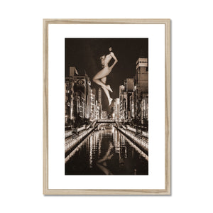 02 - Surreal dreamy poster of the protecting girl / goddess / mermaid floating in the sky over the city, wrapped in the night Chocolate Framed & Mounted Print Pimamour Original Pimamour