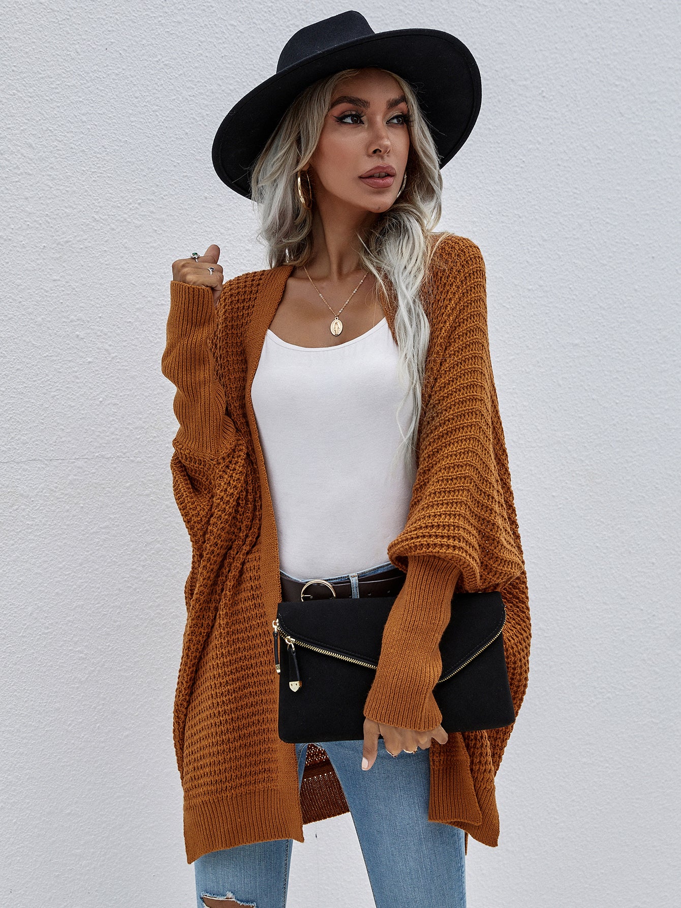 Waffle Knit Open Front Cardigan Pimamour