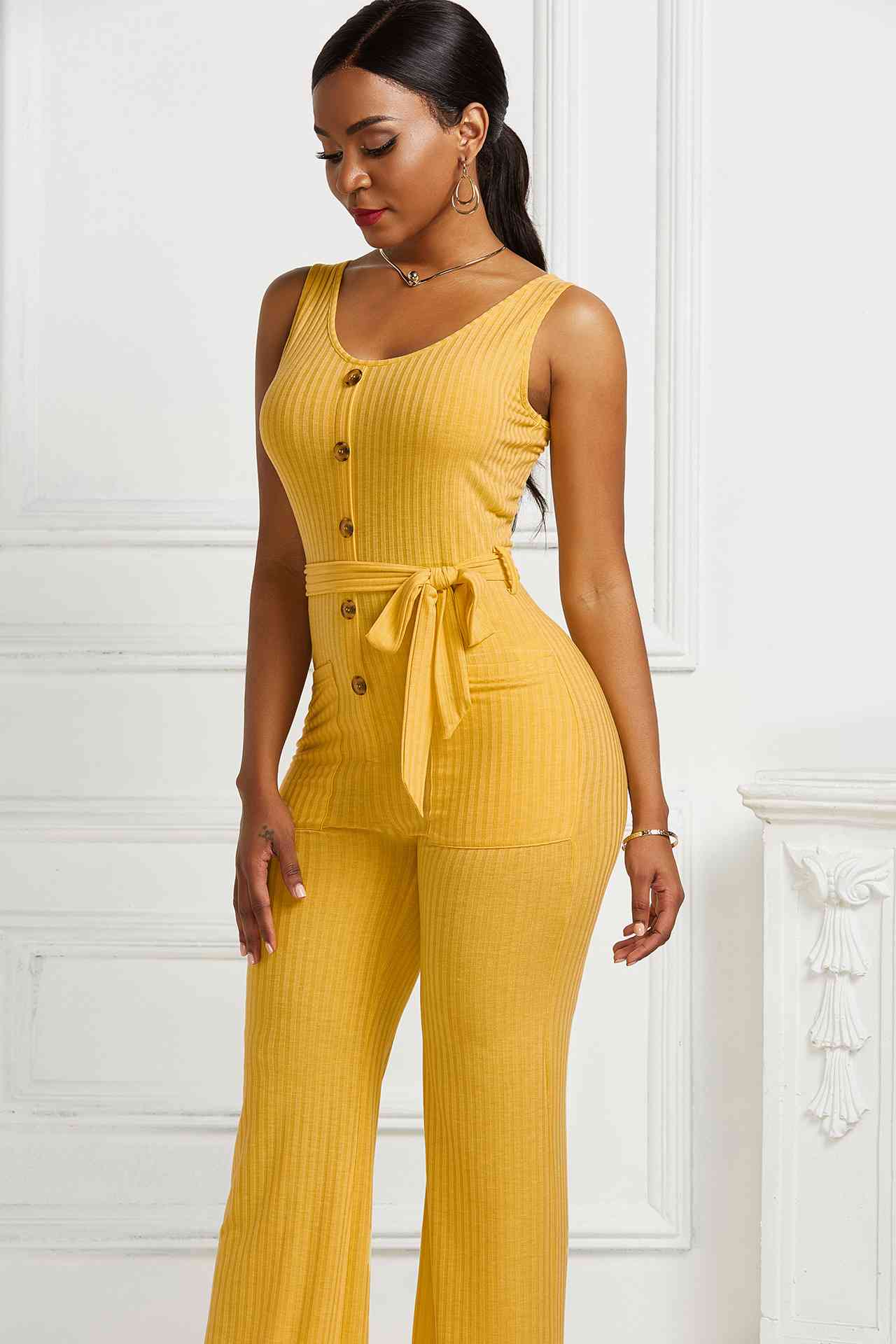 Button Detail Tie Waist Jumpsuit with Pockets Pimamour