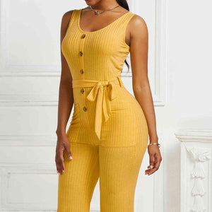 Button Detail Tie Waist Jumpsuit with Pockets Pimamour