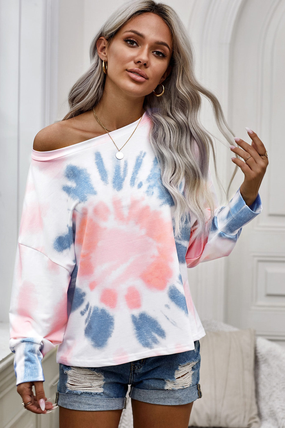 Tie-Dye Boat Neck Batwing Sleeve Tee Pimamour