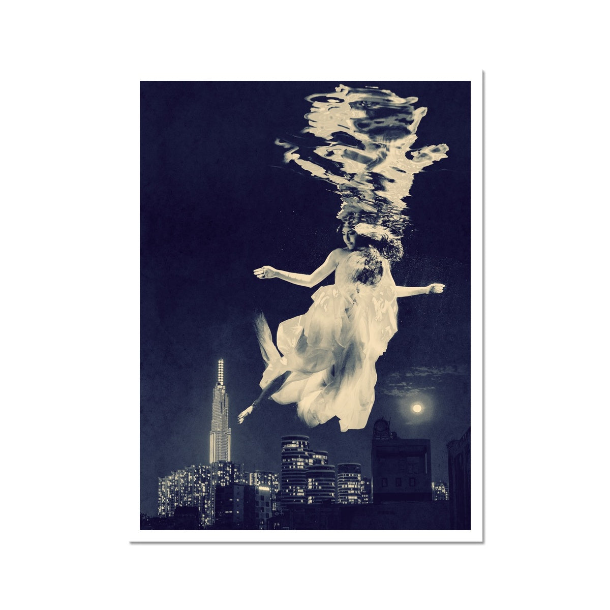 06 - Surreal dreamy poster of the protecting girl / goddess / mermaid floating in the sky over the city, wrapped in the night Brandon C-Type Print Pimamour Original Pimamour