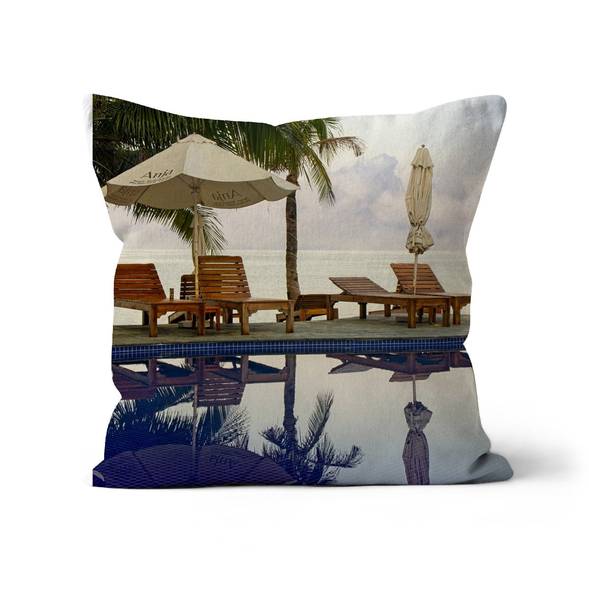 01B The lonely pool, the hidden beach and the palm tree - Toned colors fine art photography print - Printed on     Cushion Pimamour Original Pimamour